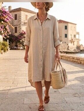 Pistache Linen Button Down Tunic Shirt Dress Tan SM